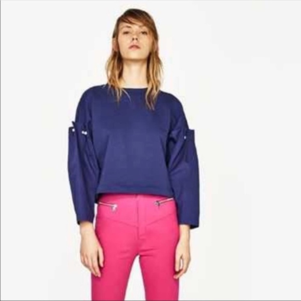 NWT Zara blue pearls sleeves blouse - Picture 2 of 5